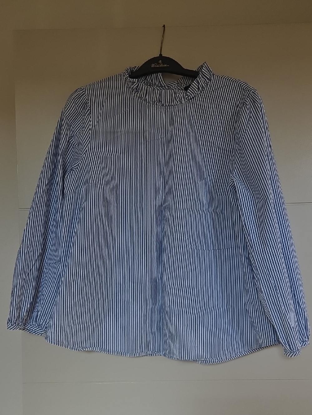 J. Crew Poplin Striped Ruffle Neck Long 3/4 Sleeve Blouse in Blue and White